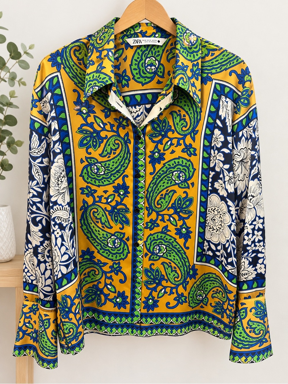 ZARA Silky Satin Paisley Print Button Down Blouse Top Blue Green Size M